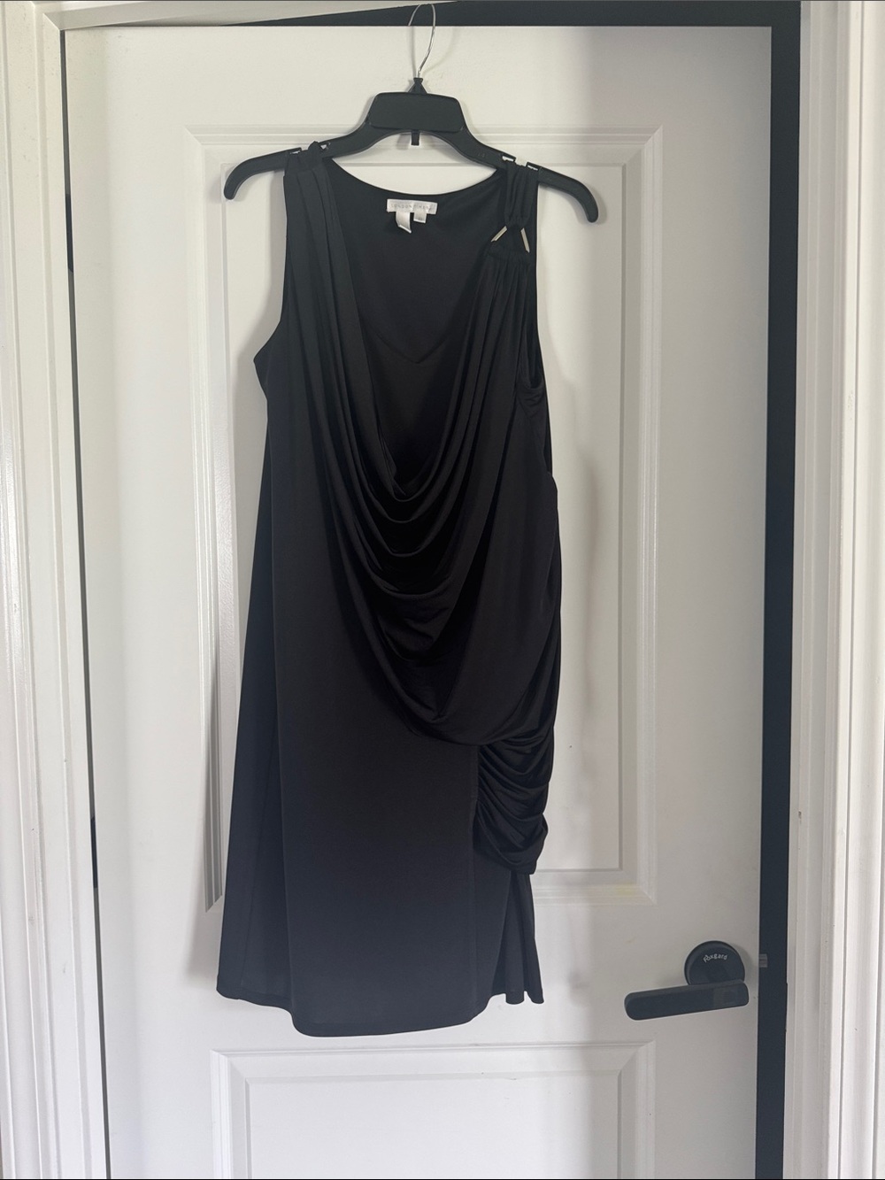 London Times Black Shoulder Draped Cocktail Dress